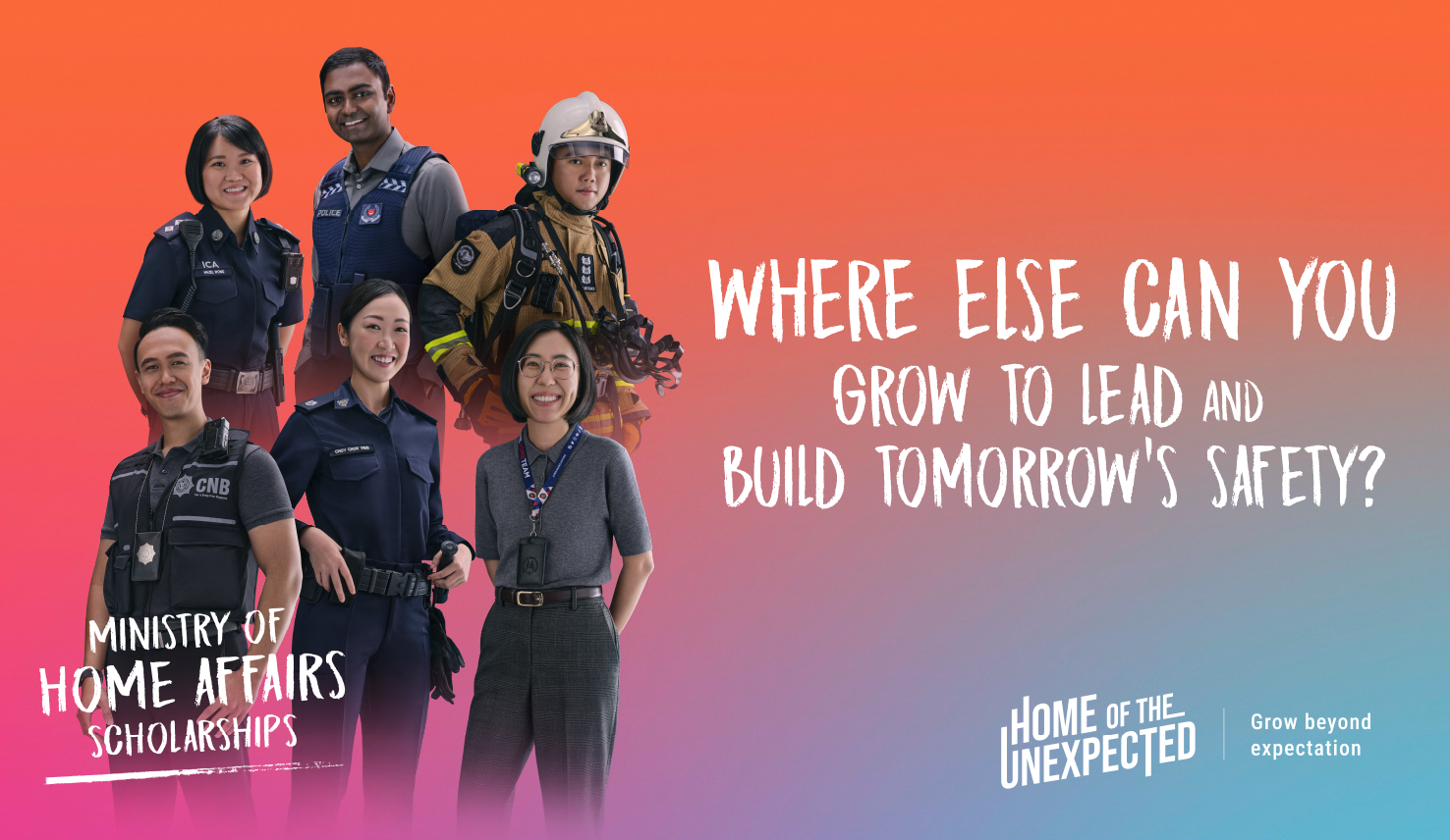 Six people in uniform stand against an orange and teal background with text.